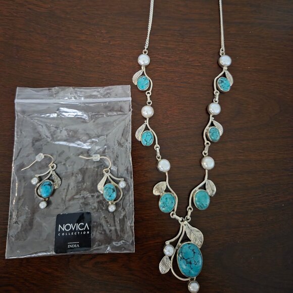 Novica silver, turquoise, pearl necklace & earings set - Picture 1 of 9